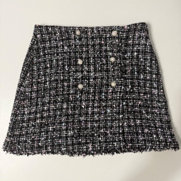 Bluivy Black & Pink Tweed Mini Skirt With Pearl Button Details Frayed Hem Lined - Picture 1 of 6